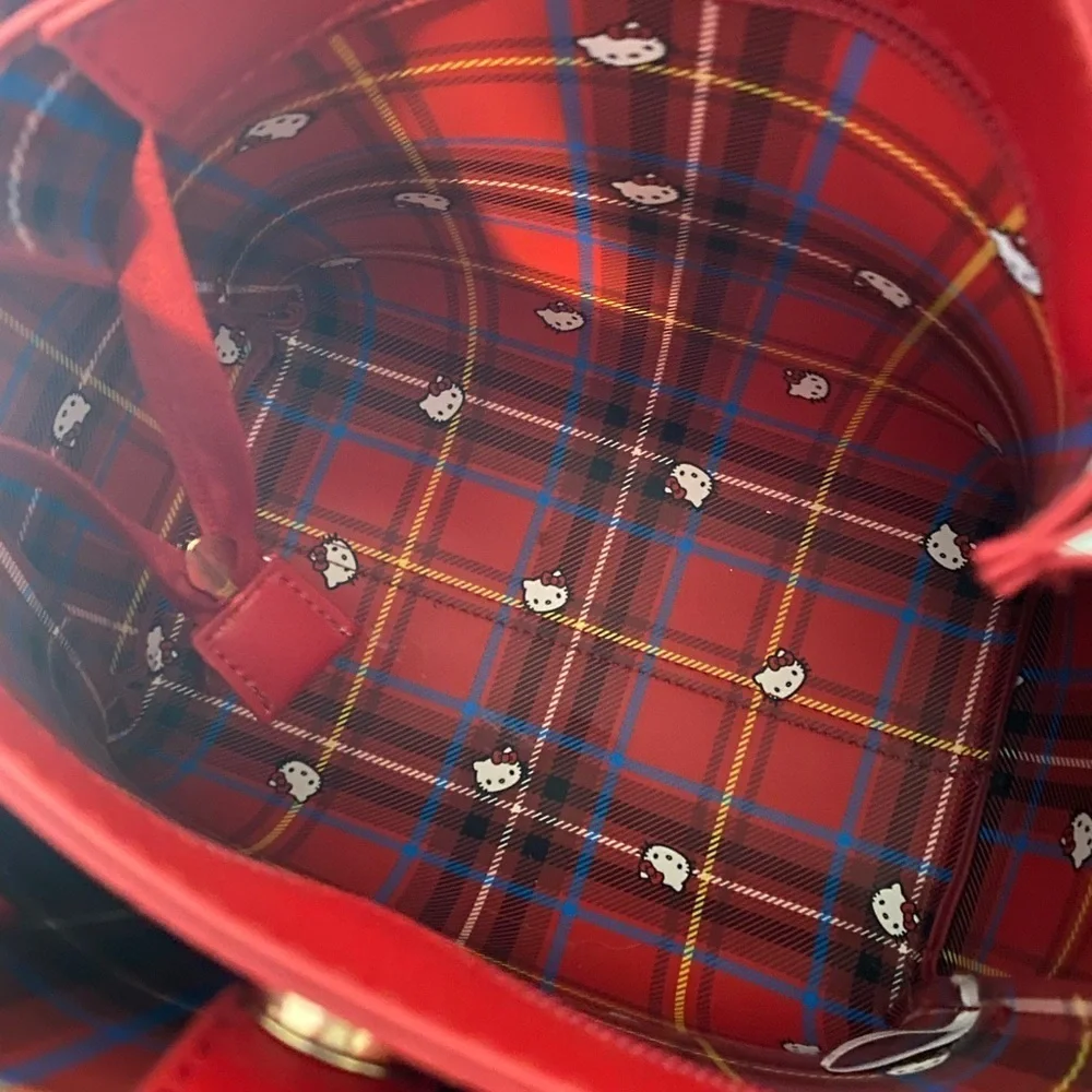 Sanrio Hello Kitty Red tote bag tartan check ribbon PU leather (rare)